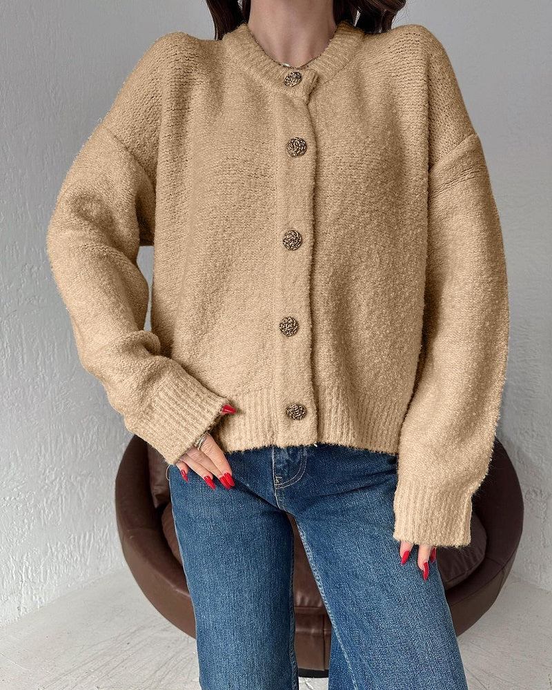 Round Neck Button Solid Color Sweater Knitwear