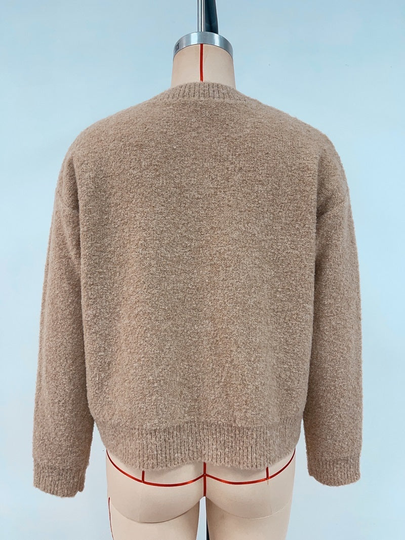 Round Neck Button Solid Color Sweater Knitwear