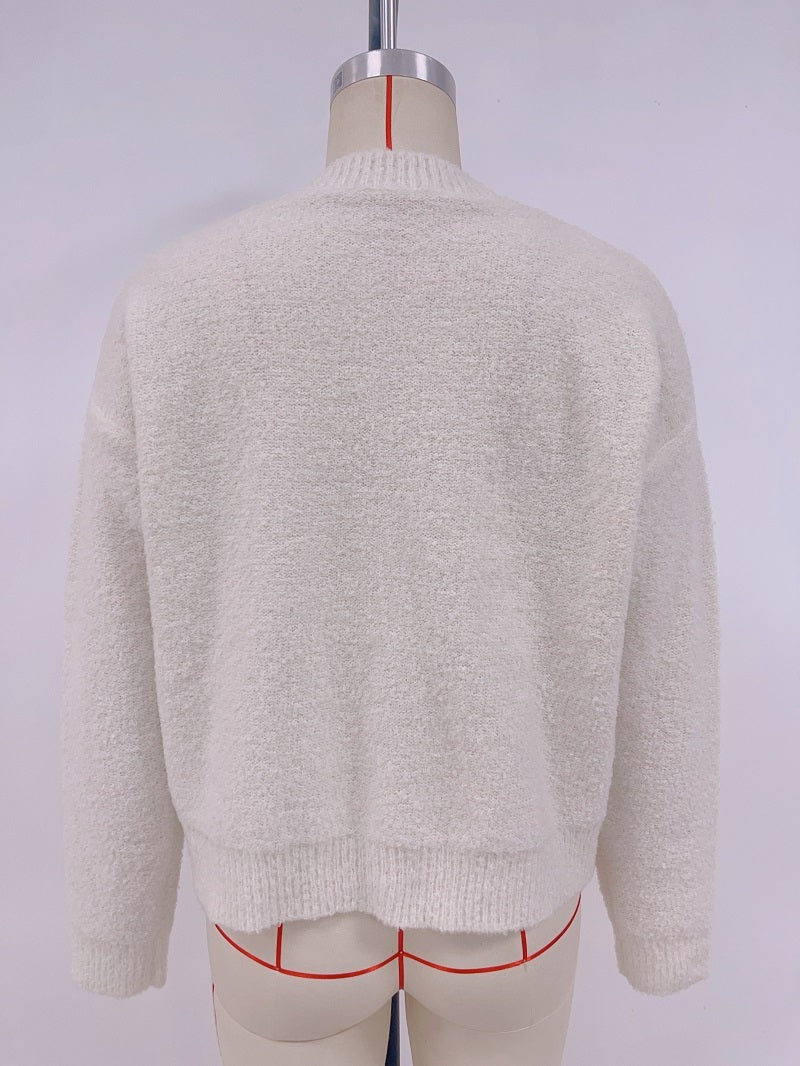 Round Neck Button Solid Color Sweater Knitwear