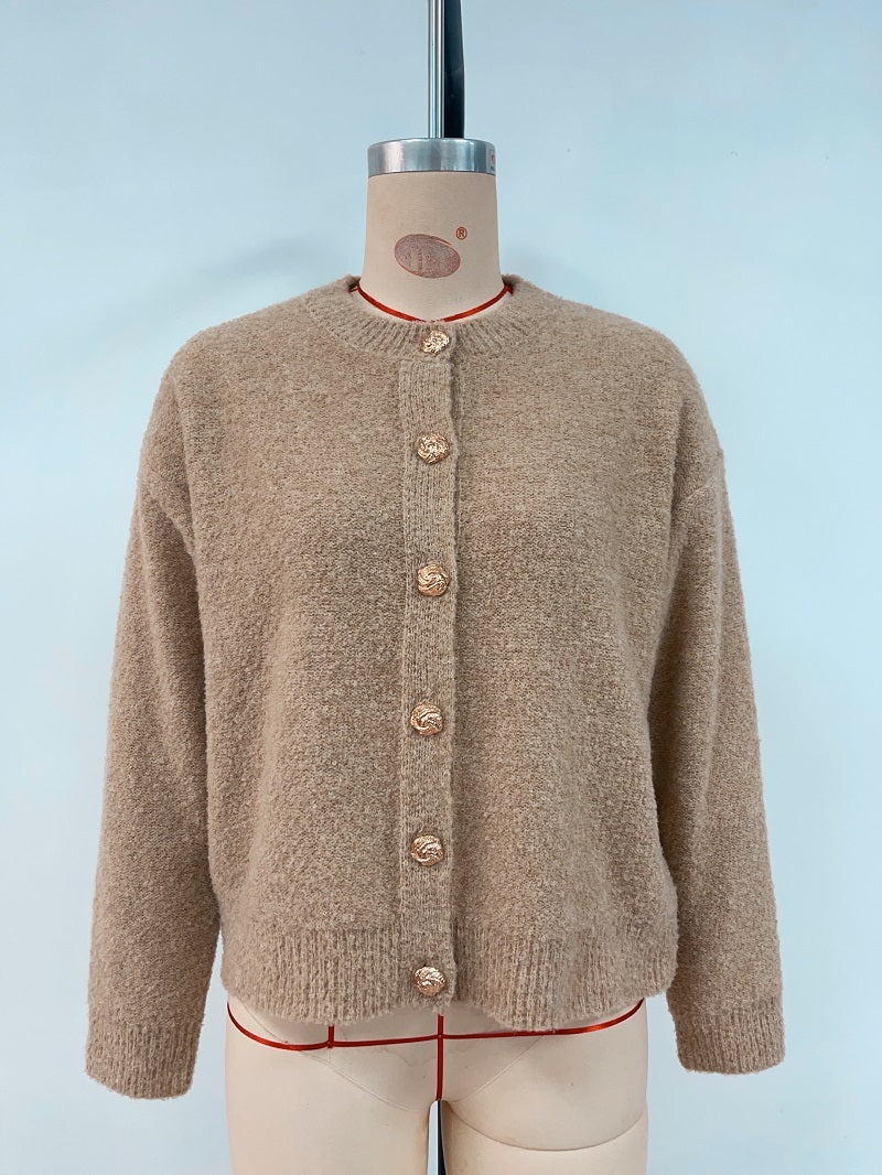 Round Neck Button Solid Color Sweater Knitwear