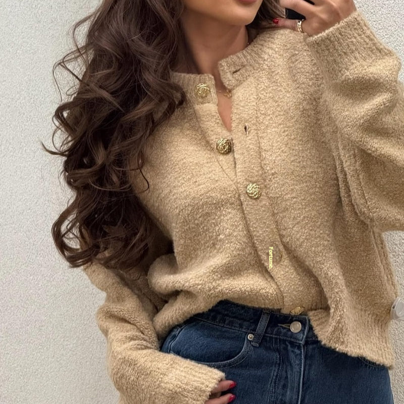 Round Neck Button Solid Color Sweater Knitwear